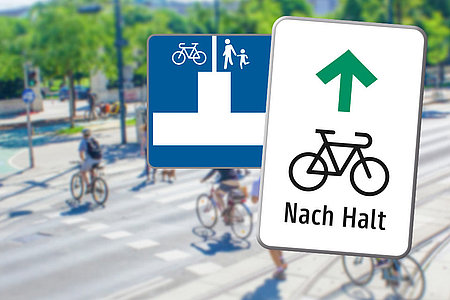 Neue Verkehrszeichen rechts abbiegen bei rot fahrrad und sackgasse mit Durchfahr- bzw. Durgehmöglichkeit