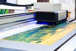 Flachbettdrucker beim Druck eines Landschaftsmotives