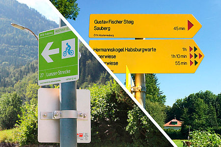 Muntainbike-Strecke Ybbstaler Alpen Wegweiser und gelbe Wanderwegschilder